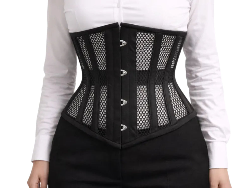 Black Mesh Underbust Corset Wholesale | Steel Boned Waist Cincher Corset Top Manufacturer front design preview