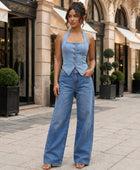 Wholesale Custom Light Blue Denim Halter Vest Manufacturer Private Label Crop Top