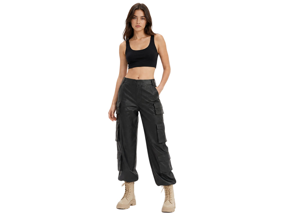 Women’s Black Leather Cargo Pants Wholesale | Custom Private Label Utility Trousers Manufacturer front design preview