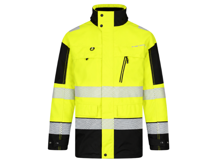 Railway Reflective Hooded Jacket Fluorescent Yellow and Black | B2B Low MOQ Railway Workwear Manufacturer front design preview