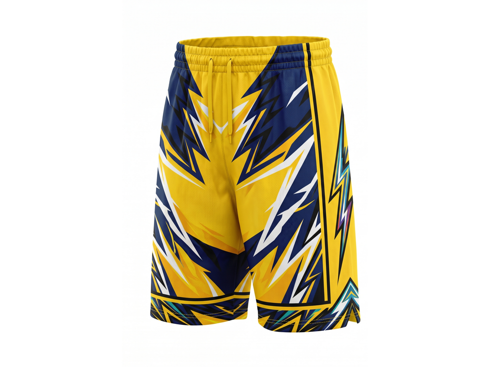 Custom Yellow, Navy Blue, White & Black Basketball Sublimated Shorts front design preview