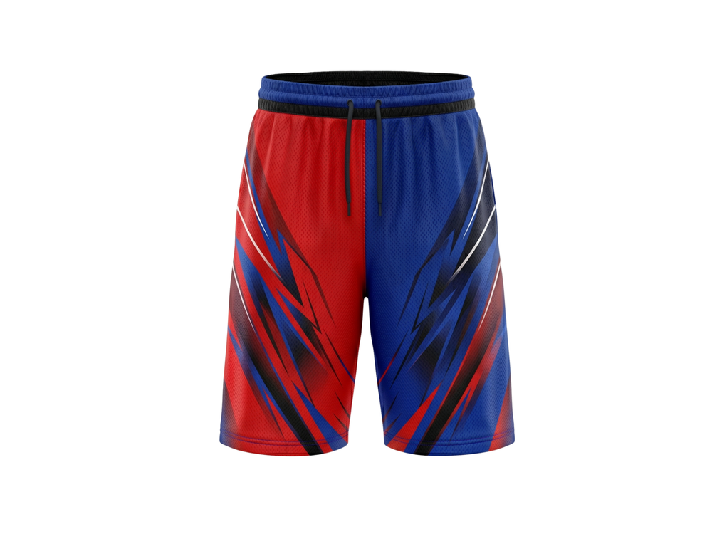 Custom Red, Royal Blue, Black & White Basketball Sublimated Shorts front design preview