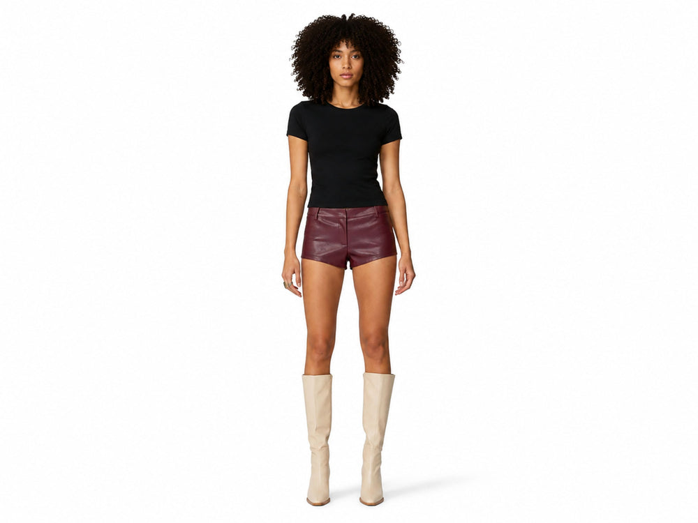 Burgundy Lambskin Leather Micro Shorts Wholesale | Custom Private Label Women’s Shorts Manufacturer front design preview