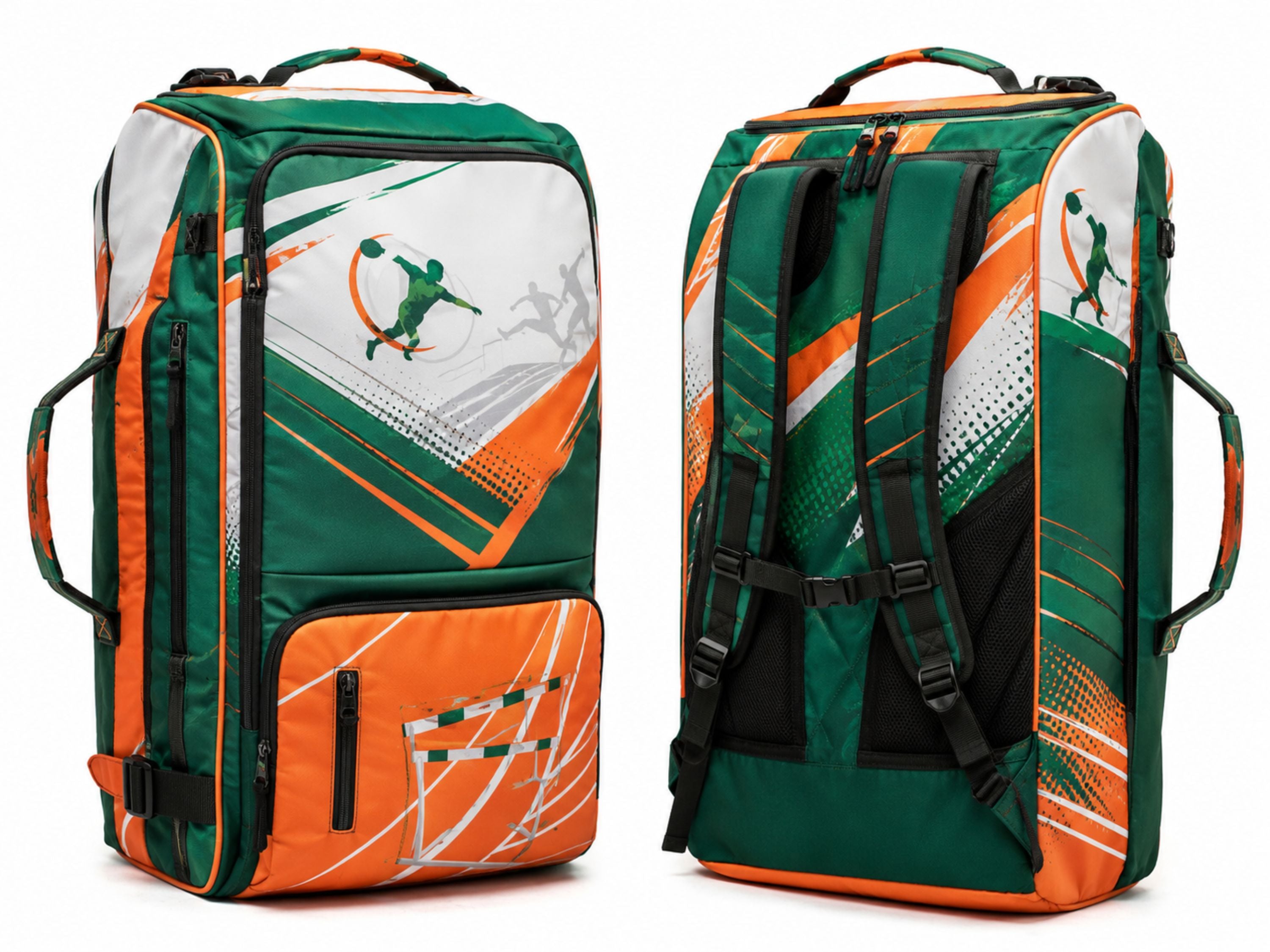 Custom Track & Field Wheeled Kit Bag | Wholesale Trolley Equipment Bag | Green Orange | Apparels Bridge