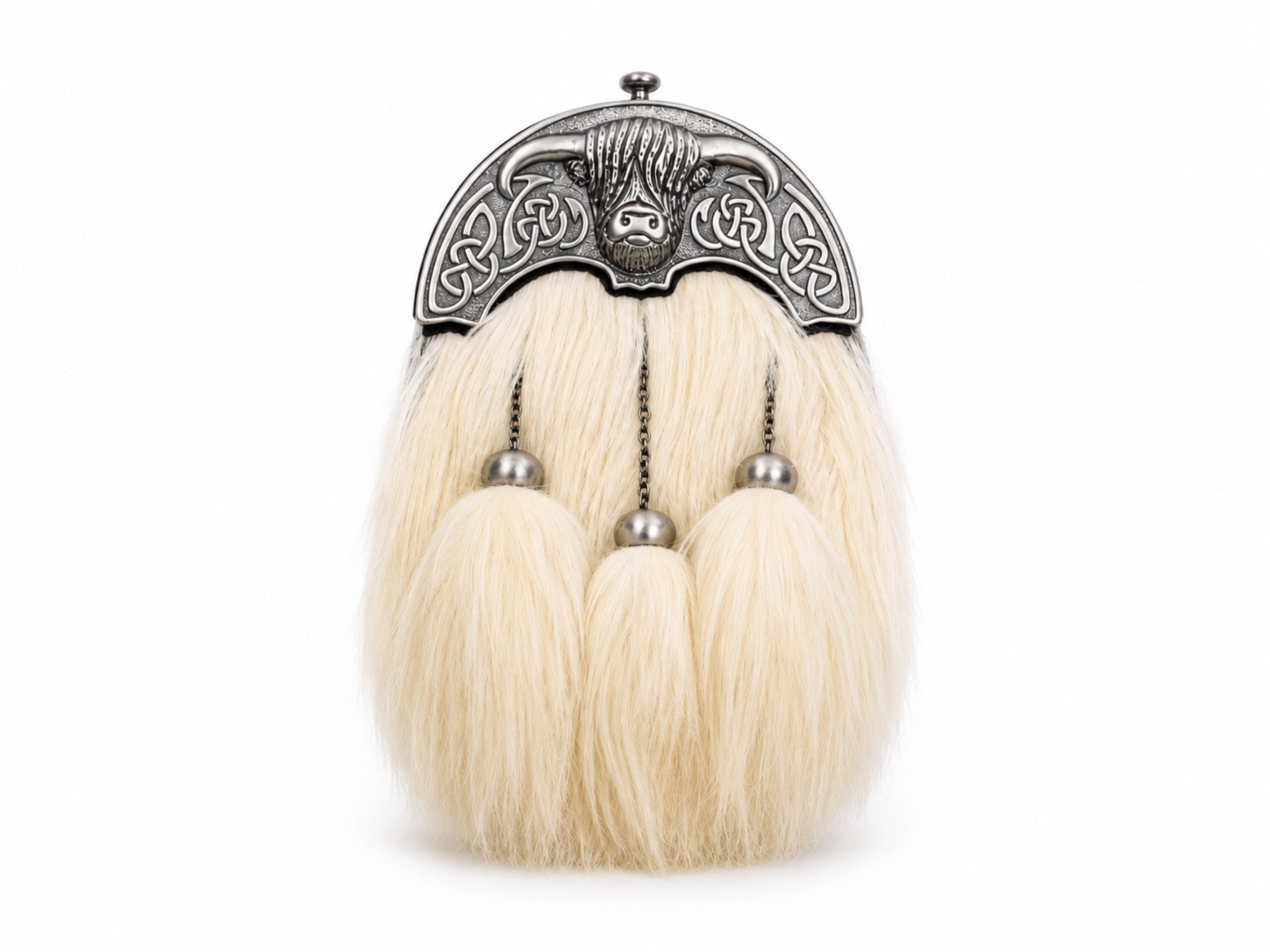 Goat Hair Dress Sporran White with Silver Cantle and Three Tassels | B2B Low MOQ