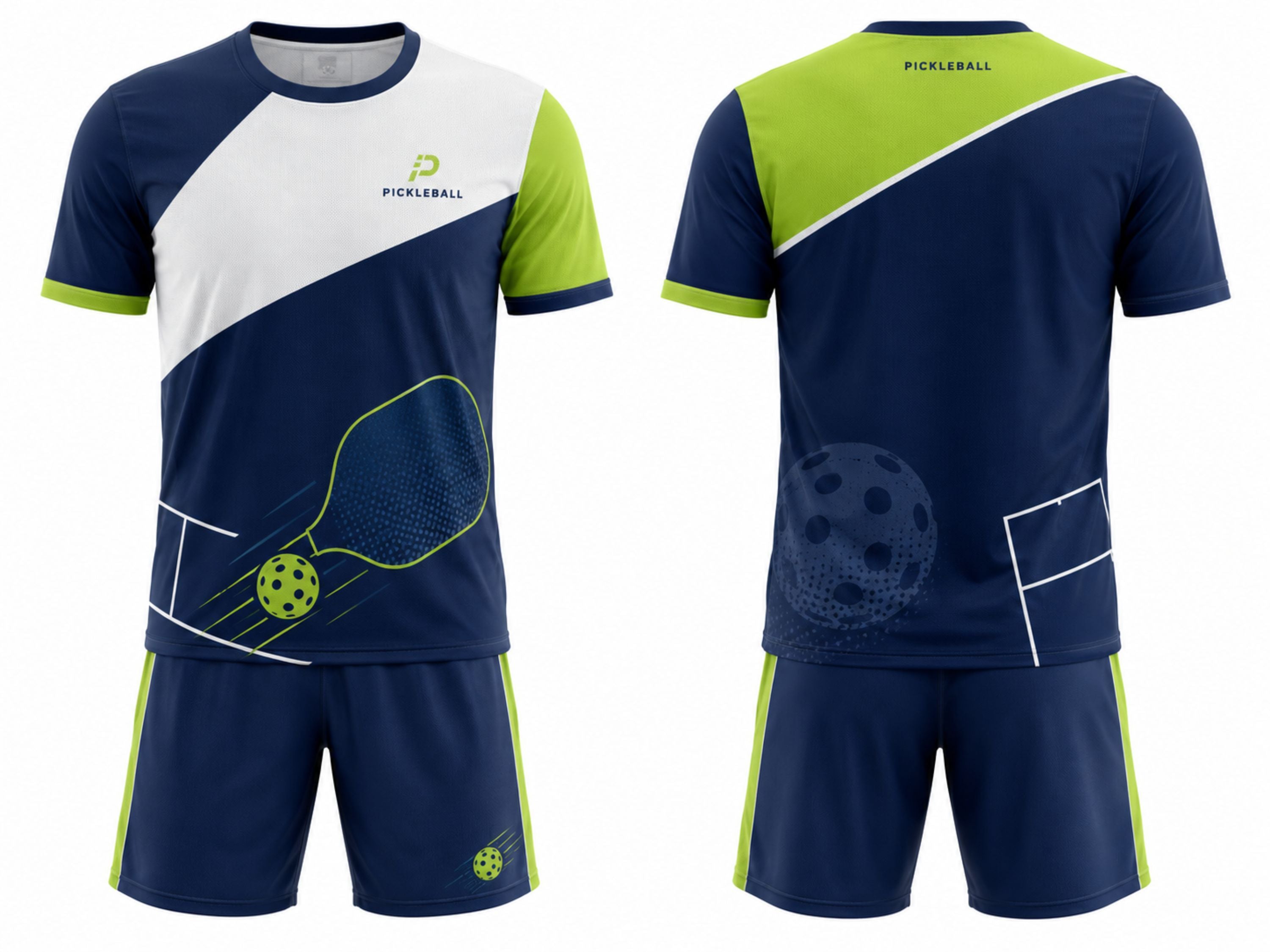 Custom Men's Pickleball Polo and Shorts Set | Wholesale Pickleball Team Uniform | Navy White Lime Green | Apparels Bridge