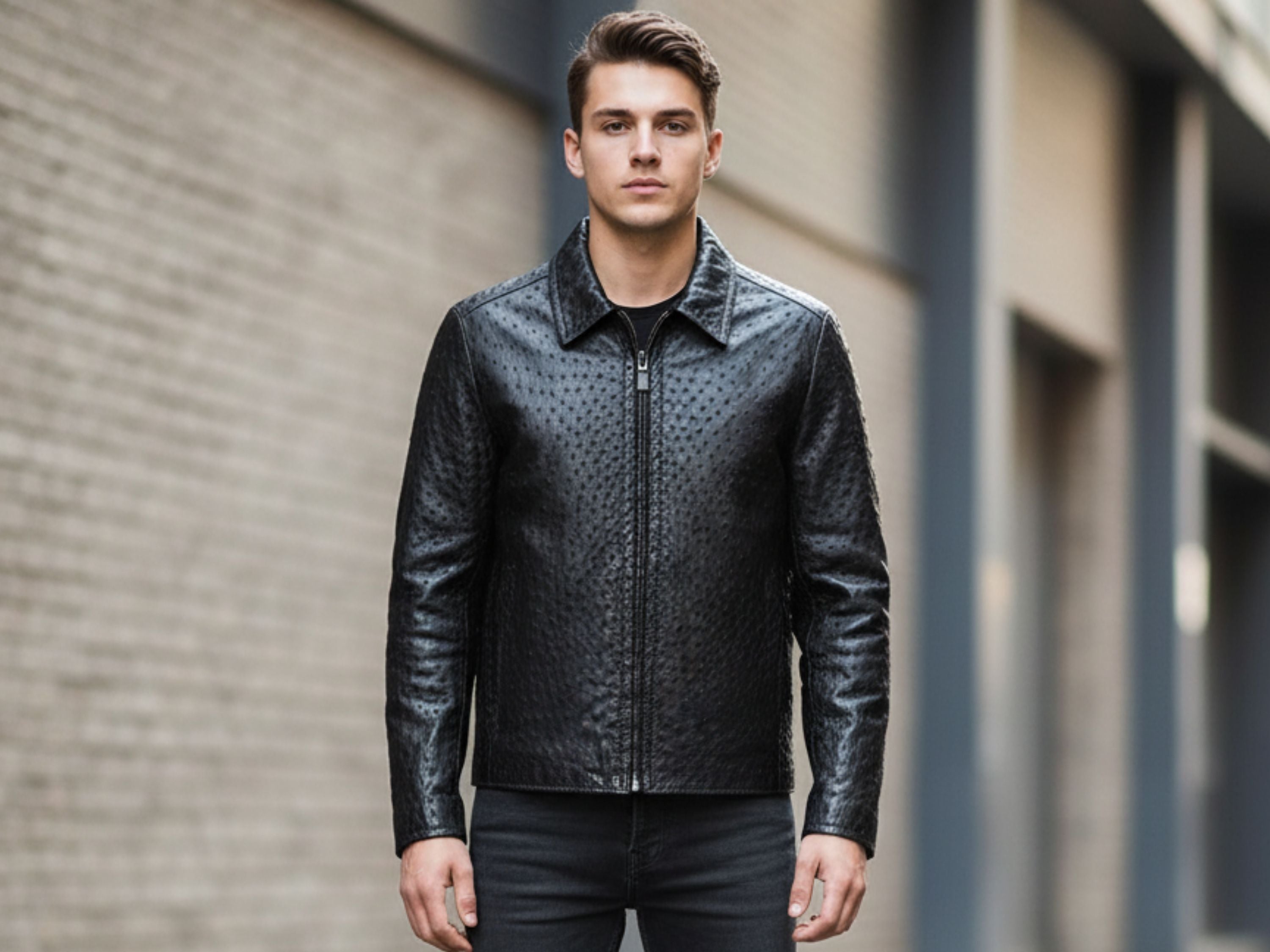 Men’s Black Ostrich Textured Leather Jacket | Wholesale Custom Private Label Outerwear Manufacturer