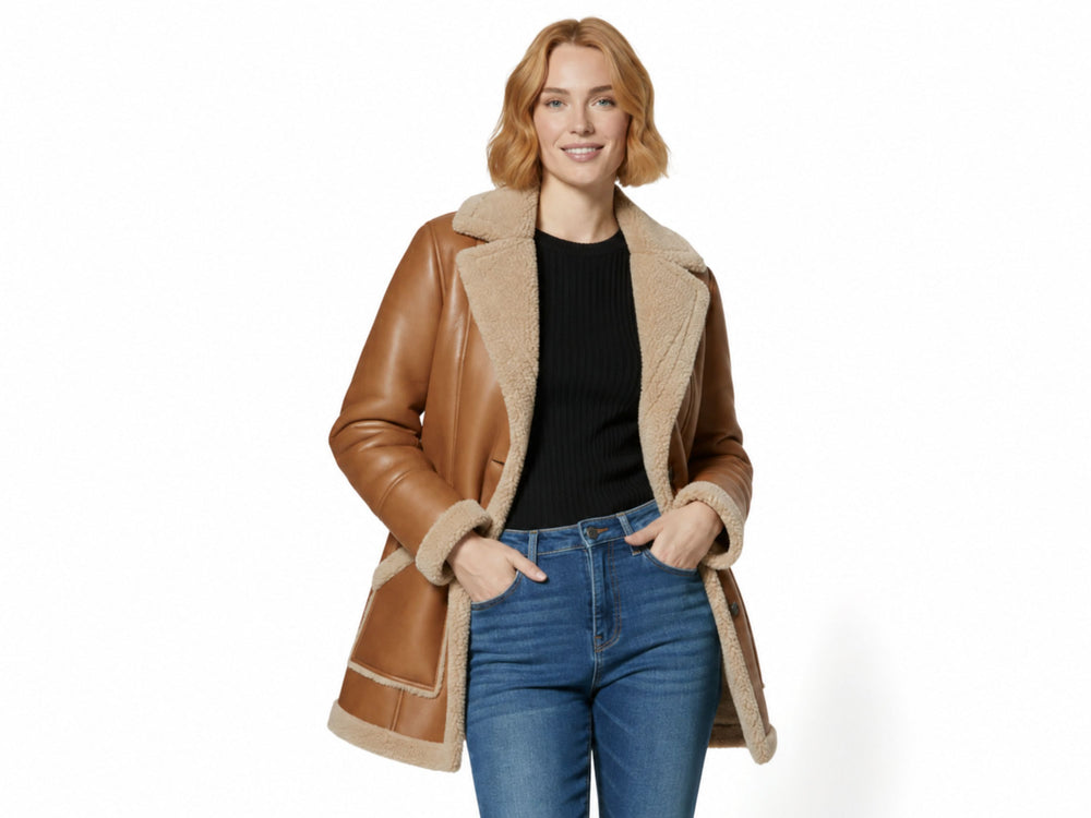 Tan Sheepskin Rancher Coat Wholesale | Women’s Curly Faux Shearling Winter Jacket Manufacturer front design preview
