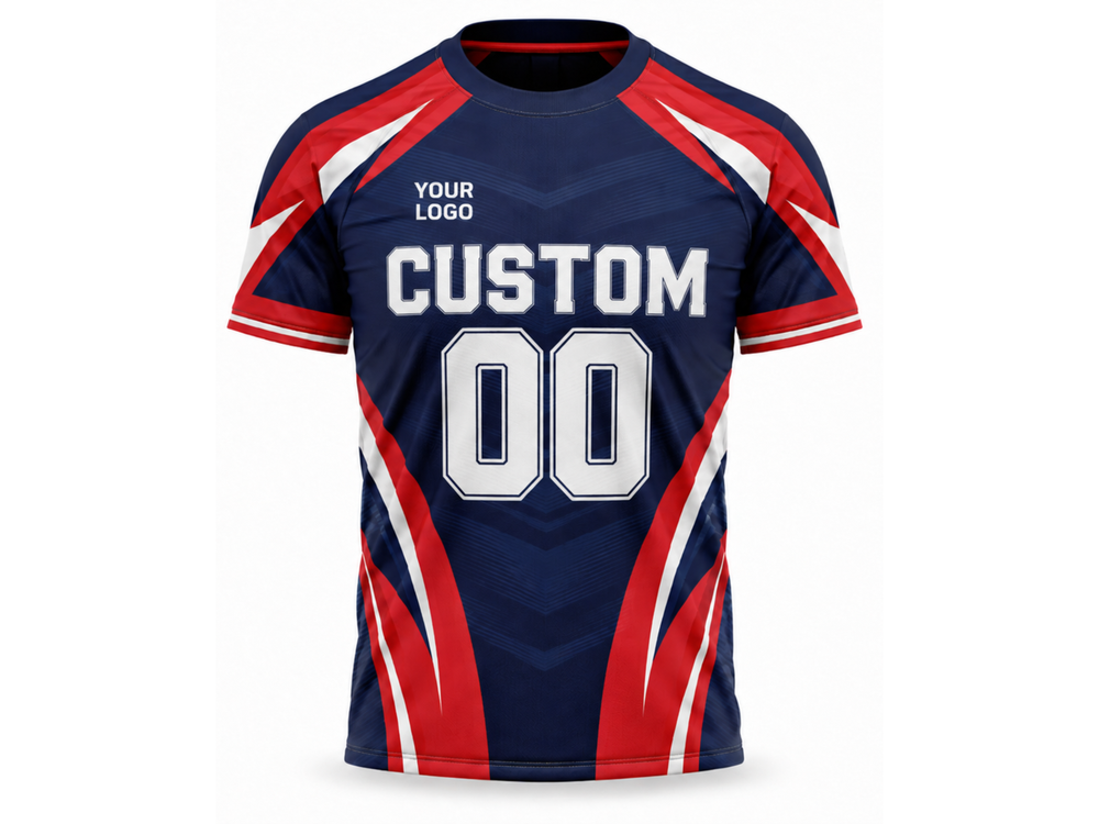 Custom Navy Red Rugby Fanwear Shirt | Wholesale Supporter Team Shirt for Bulk Orders front design preview