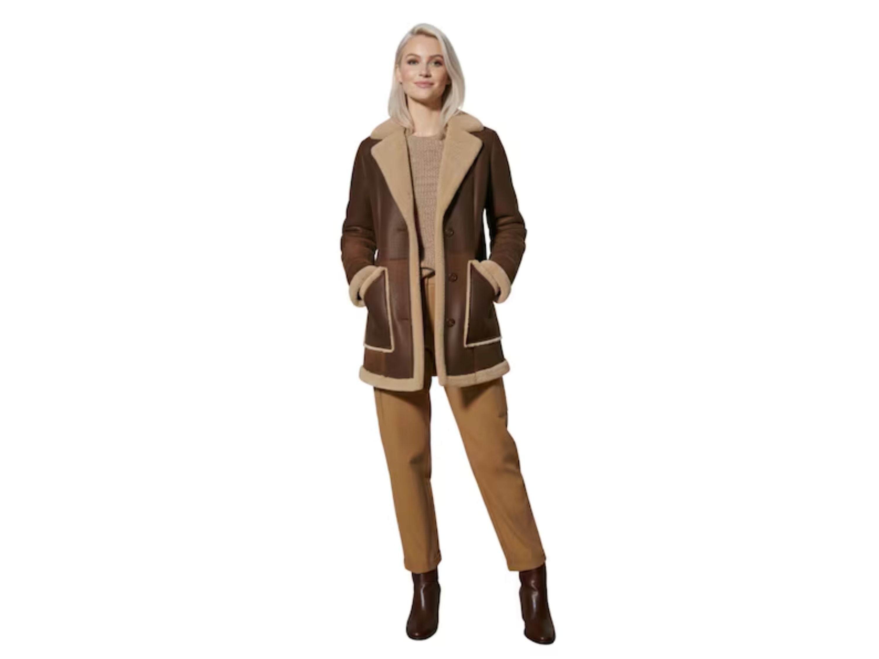Brown Sheepskin Rancher Coat Wholesale | Women’s Faux Shearling Winter Jacket Manufacturer