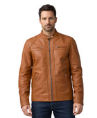 Men’s Cognac Lambskin Leather Cafe Racer Jacket | Wholesale Custom Private Label Manufacturer