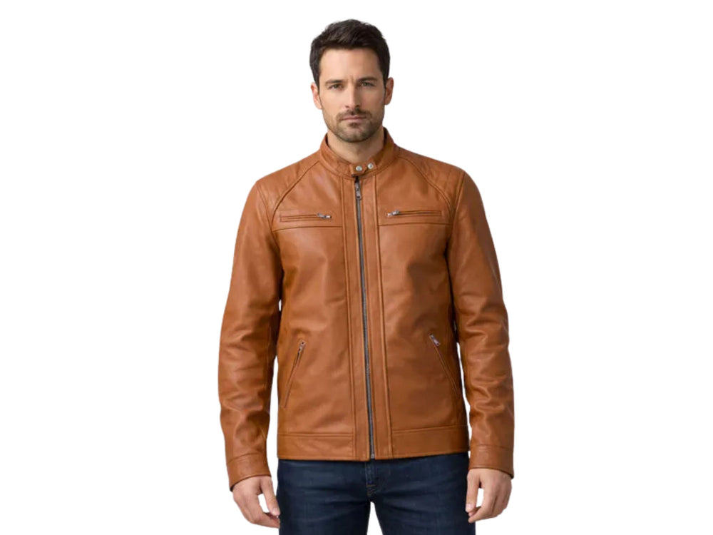 Men’s Cognac Lambskin Leather Cafe Racer Jacket | Wholesale Custom Private Label Manufacturer front design preview