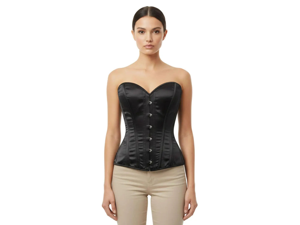 Black Satin Overbust Corset Wholesale | Sweetheart Bustier Bridal Corset Manufacturer front design preview