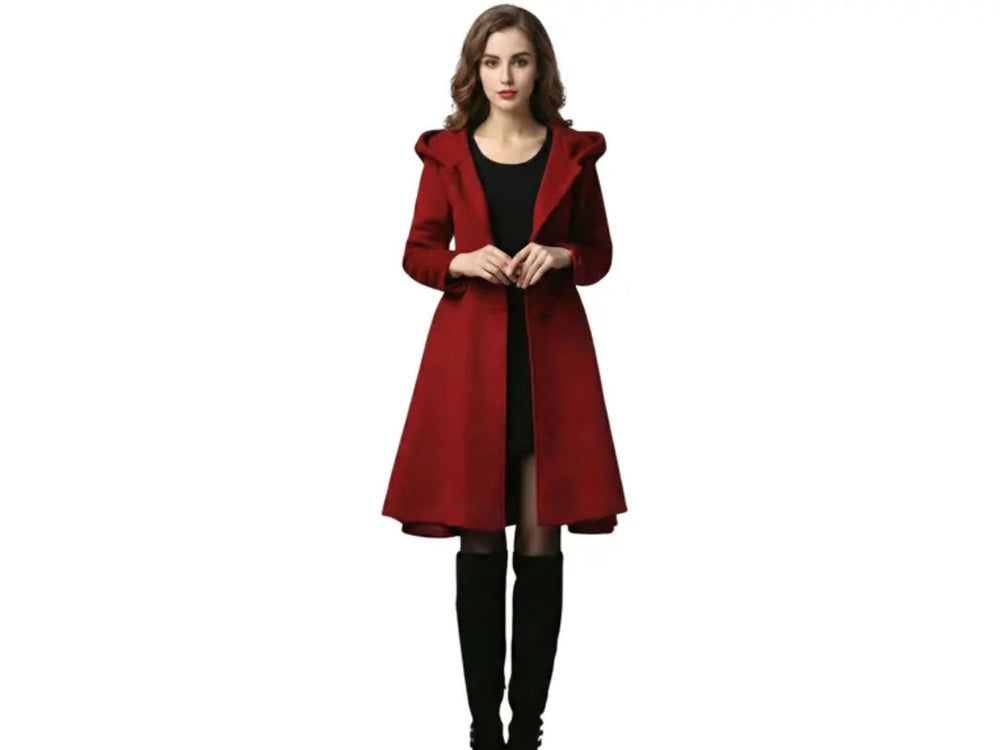 Red Wool Hooded Coat Women Wholesale | Custom A-Line Winter Cape Coat Manufacturer front design preview