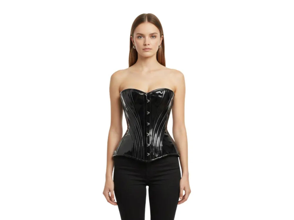 Black Cosplay PVC Overbust Corset Wholesale | Glossy Gothic Bustier Manufacturer front design preview