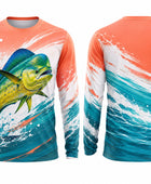 Custom Fishing UPF 50+ Long Sleeve Shirt | Wholesale Sun Protection Fishing Shirt | Coral Teal Mahi-Mahi | Apparels Bridge