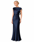 Wholesale Navy Satin Prom Dress, Custom Fitted Bateau Neck Formal Gown Manufacturer for Boutique Private Label Brands