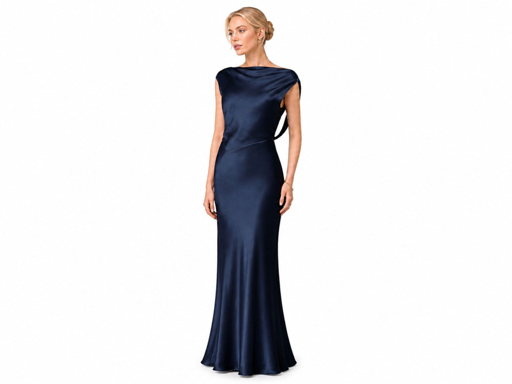 Wholesale Navy Satin Prom Dress, Custom Fitted Bateau Neck Formal Gown Manufacturer for Boutique Private Label Brands front design preview