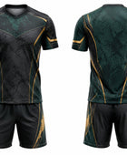 Dark Green & Gold Axe Throwing Uniform – Bulk Team Jersey & Shorts, Low MOQ, Wholesale Performance Set