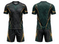 Dark Green & Gold Axe Throwing Uniform – Bulk Team Jersey & Shorts, Low MOQ, Wholesale Performance Set