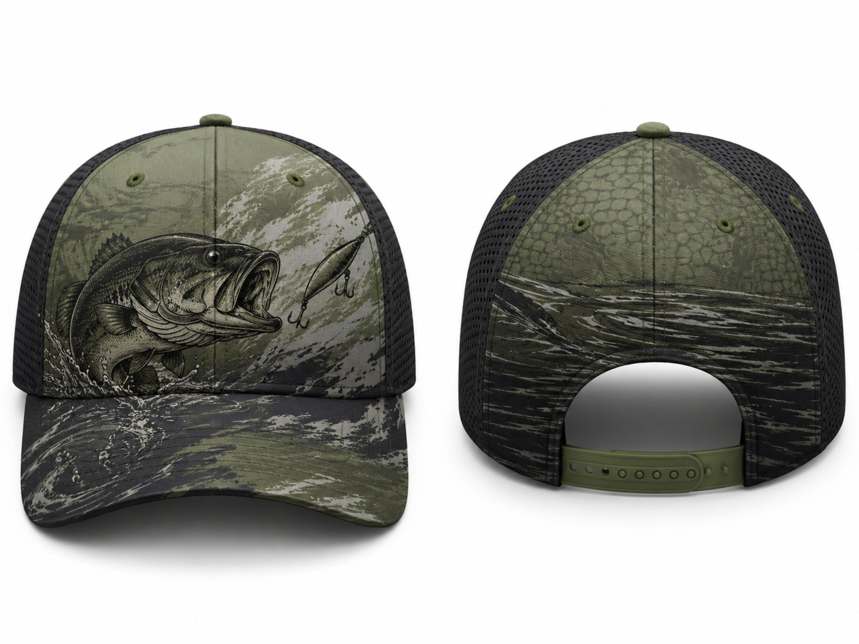 Custom Fishing Cap | Wholesale Fishing Team Hat | Green Camo Bass | Apparels Bridge