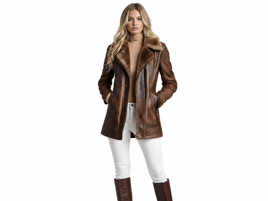 Vintage Brown Sheepskin Leather Jacket Wholesale | Women’s Fur Lined Winter Coat Manufacturer design preview