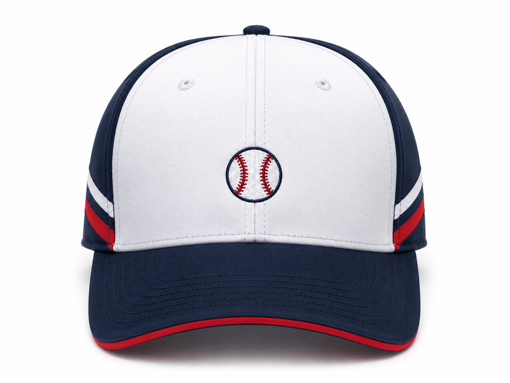 Custom White Navy Red Baseball Cap | Wholesale Team Hat for Bulk Orders and Private Label front design preview