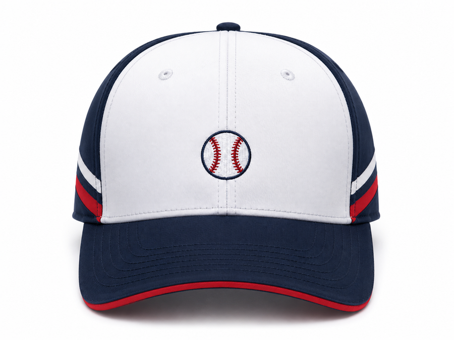 Custom White Navy Red Baseball Cap | Wholesale Team Hat for Bulk Orders and Private Label design preview