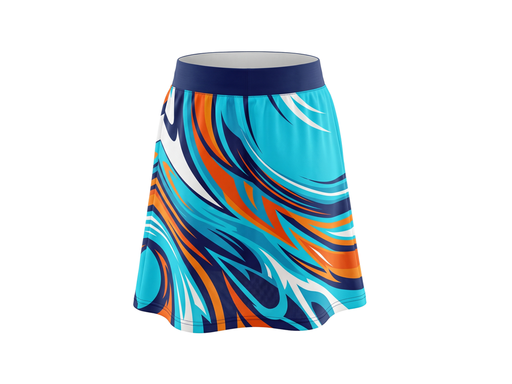 Basketball Skort – Custom Sublimated Aqua Orange Liquid Swirl Design | Wholesale Manufacturer front design preview