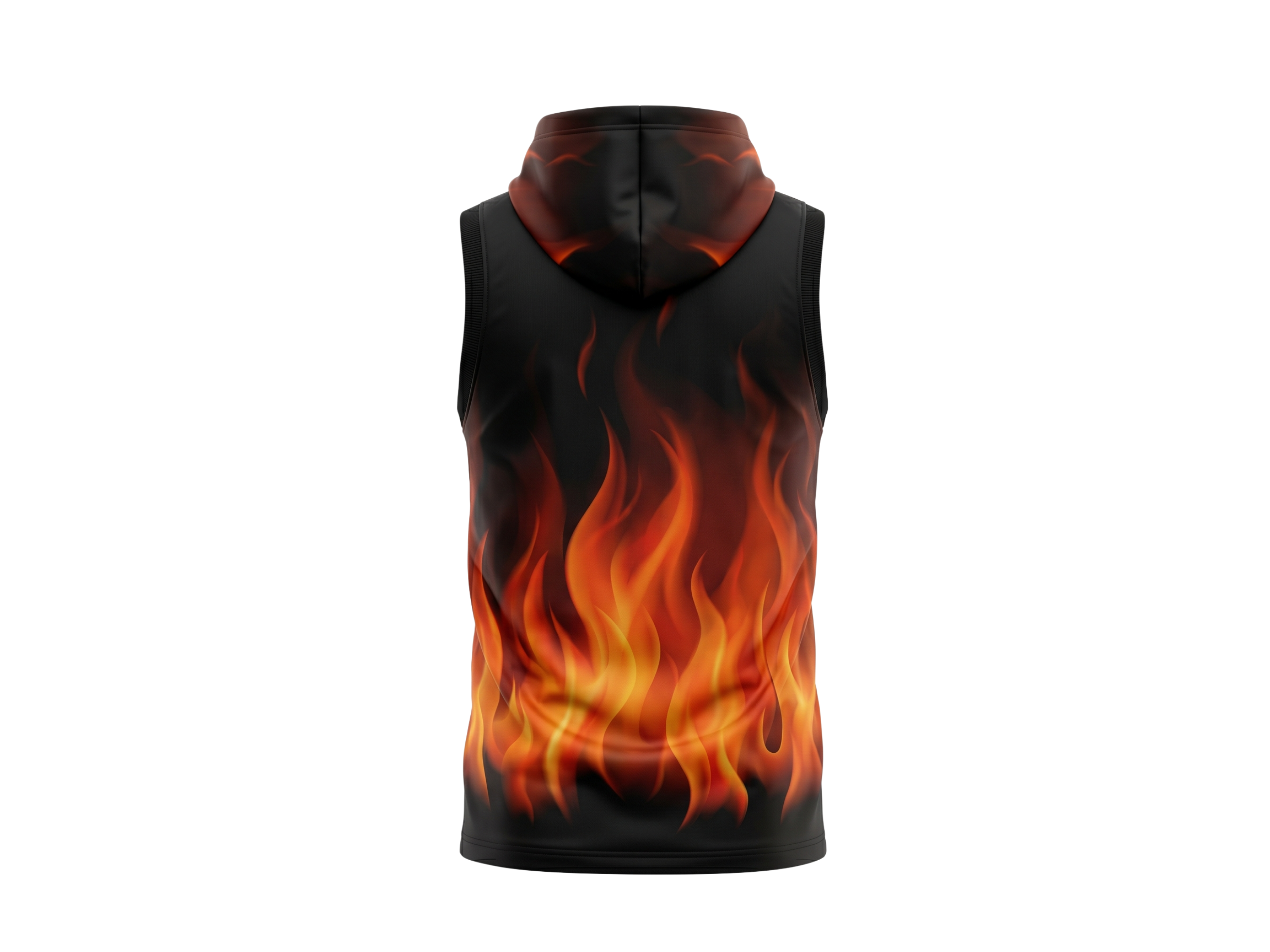Basketball Sleeveless Hoodie – Custom Sublimated Black Orange Flame Design | Wholesale Manufacturer