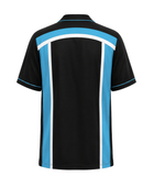 Custom Bowling Team Shirt – Black Cyan White Panelled Retro Button-Up Design