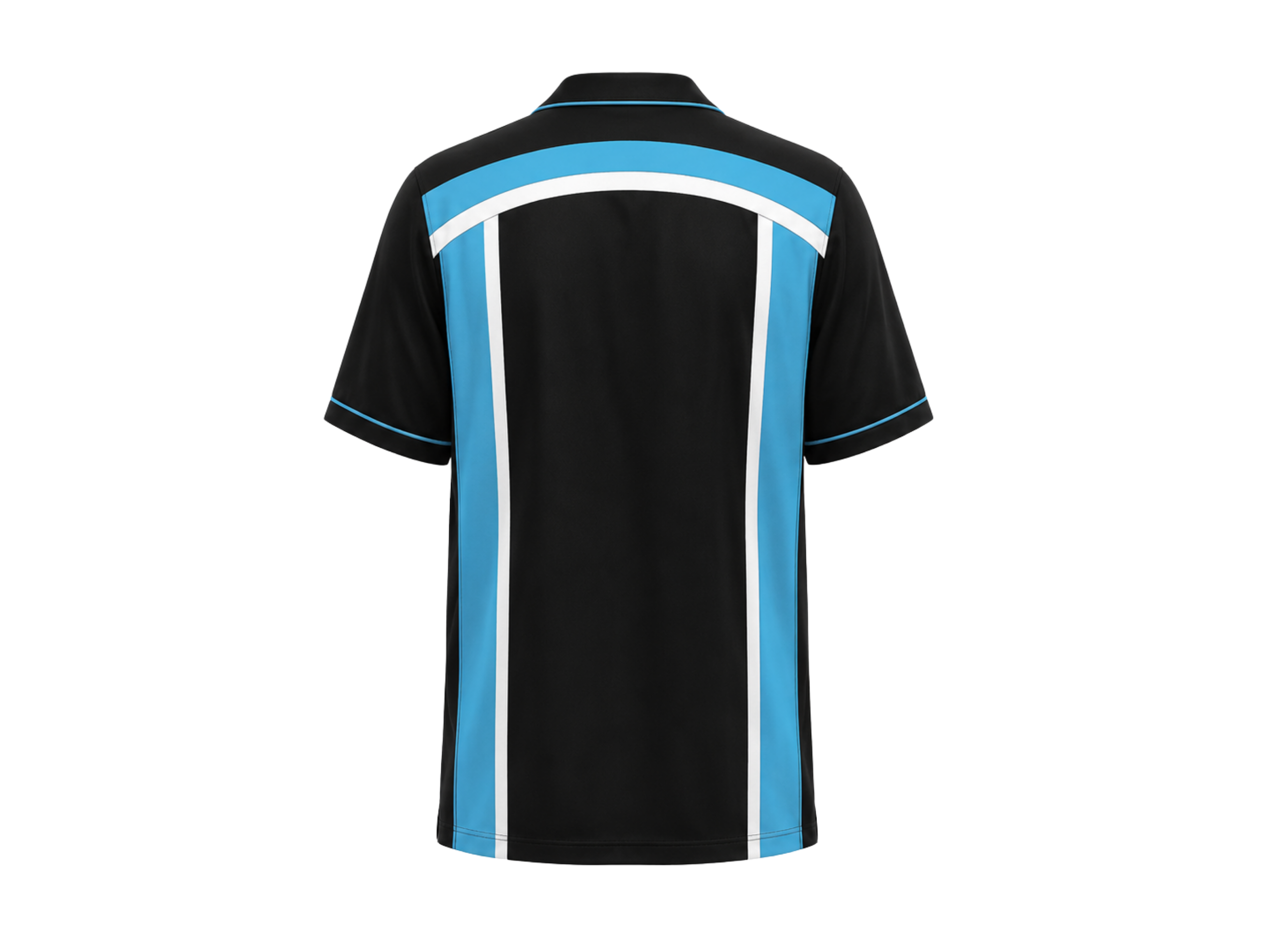 Custom Bowling Team Shirt – Black Cyan White Panelled Retro Button-Up Design