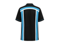 Custom Bowling Team Shirt – Black Cyan White Panelled Retro Button-Up Design