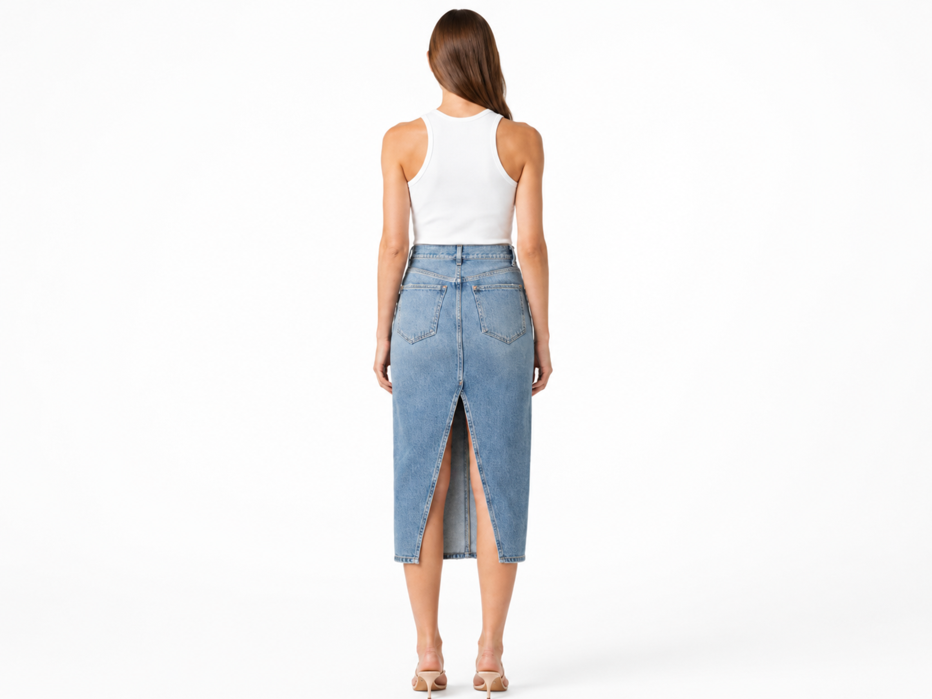 Custom Women’s Back-Slit Denim Midi Skirt for Private Labels