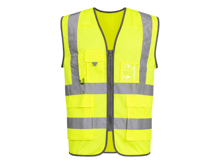 Electrician High-Visibility Workwear Waistcoat Yellow/Grey B2B Safety Vest front design preview