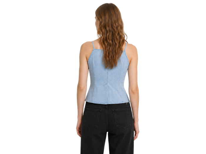 B2B Women’s Light Blue Button-Front Denim Vest Low MOQ