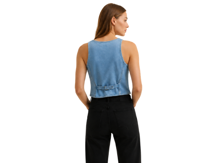 Denim Vest Women’s Bow-Strap Button-Front Light Light Blue B2B