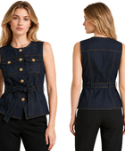 Denim Vest Women’s Belted Button-Front B2B Dark Blue