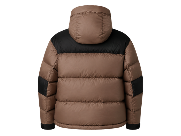 Contrast-Panel Hooded Duck Down Puffer Jacket – Taupe Brown and Black | B2B Low MOQ