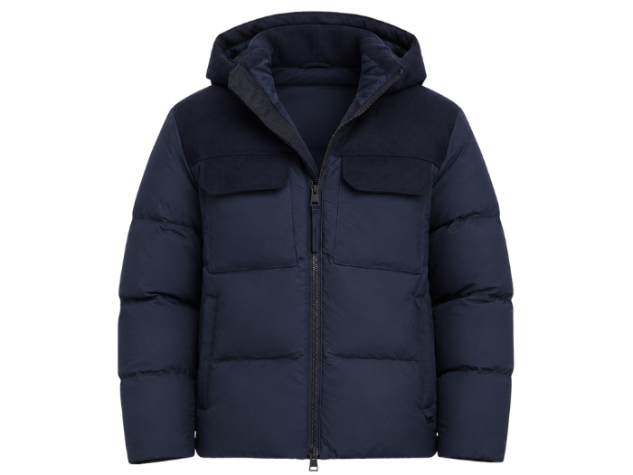 Hooded Chest-Pocket Goose Down Puffer Jacket – Dark Navy Blue | B2B Low MOQ front design preview