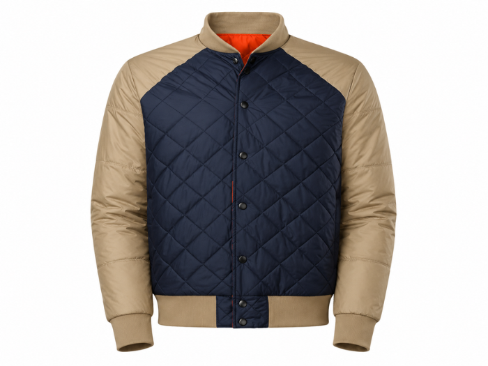 Men’s Contrast-Panel Diamond-Quilted Goose Down Jacket – Navy Blue and Champagne Beige | B2B Low MOQ
