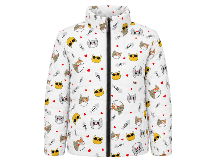 B2B Cat Pattern Print Eider Down Puffer Jacket White Low MOQ Winter Manufacturer front design preview