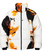 All-Over Print Sublimated Puffer Jacket – White, Black and Orange Abstract Graphic | B2B Low MOQ