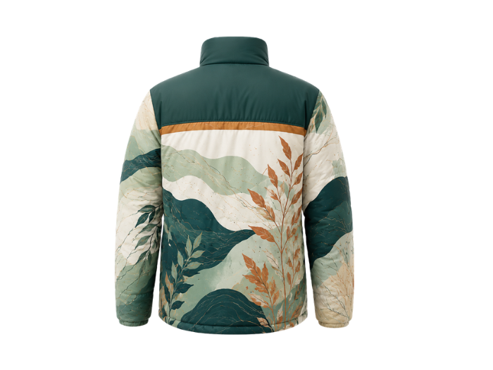 Panel-Print Sublimated Puffer Jacket – Dark Green and Cream Botanical Graphic | B2B Low MOQ