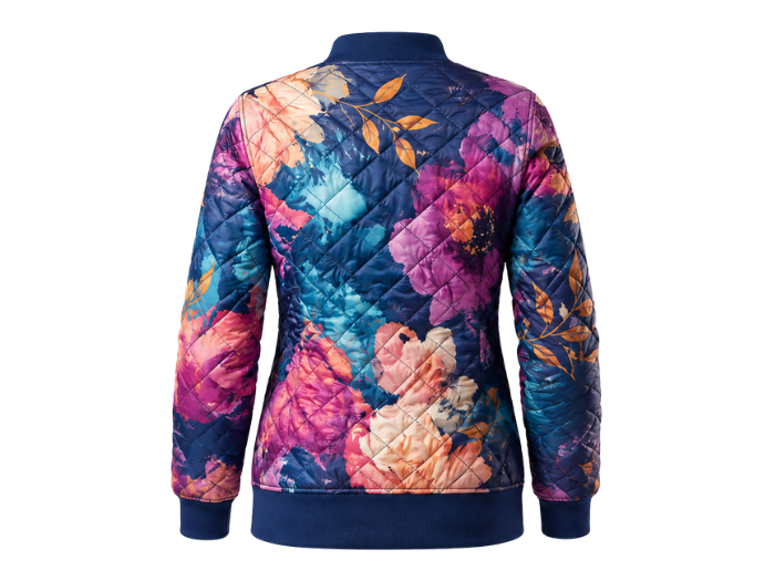 Floral-Print Sublimated Puffer Jacket – Navy, Pink and Blue Botanical Print | B2B Low MOQ