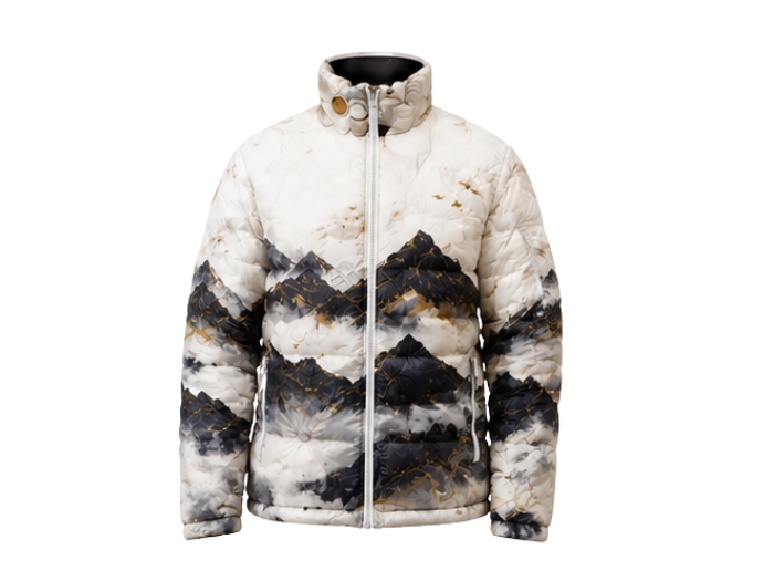 Mountain-Print Sublimated Puffer Jacket – White, Grey and Black Landscape Graphic | B2B Low MOQ front design preview
