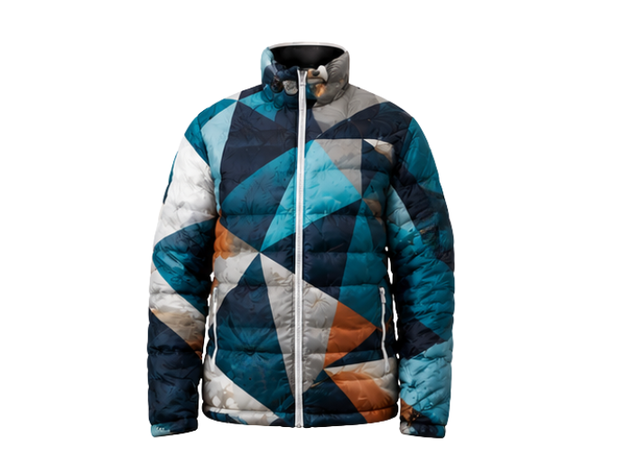 Geometric-Print Sublimated Puffer Jacket – Teal, Navy, White and Tan | B2B Low MOQ