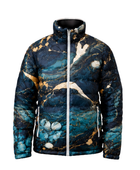 Abstract-Print Sublimated Puffer Jacket – Black, Teal and Gold Graphic | B2B Low MOQ