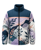 Panel-Print Sublimated Puffer Jacket – Navy, Lavender and Cream Botanical Graphic | B2B Low MOQ