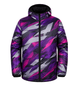 Hooded All-Over Print Sublimated Puffer Jacket – Purple, Magenta and Grey Abstract Print | B2B Low MOQ